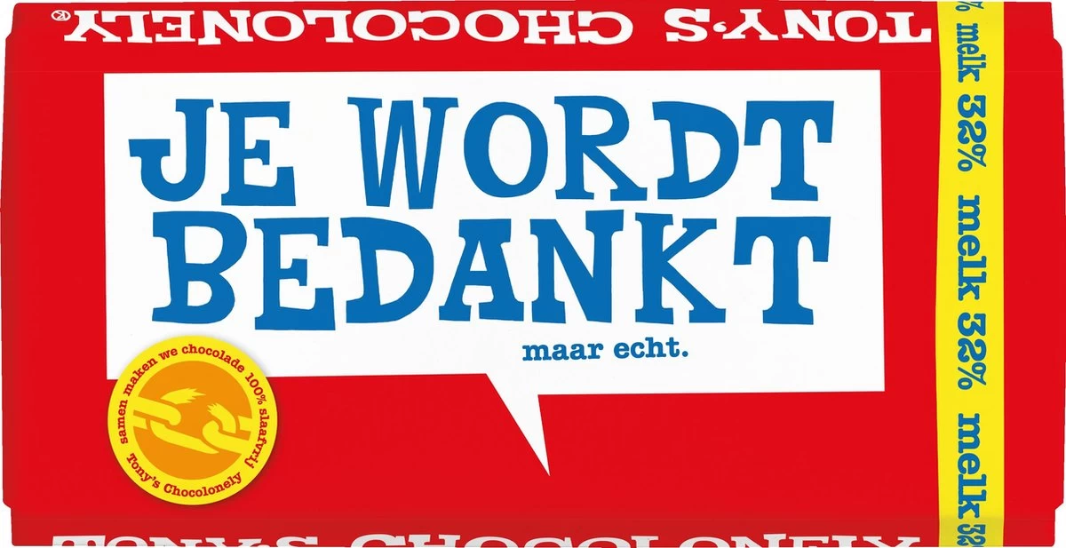 Tony's Chocolonely Chocolade Reep Melk - Zeg 't Met Een Reep "Bedankt" - 180 Gram