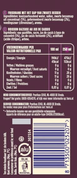 Hero Cassis Frisdrank Blikjes - The Original - Gemaakt Van Zwarte Bessen - Handige Tray - 24 X 250ml -Voedsel Winkel 523x1200