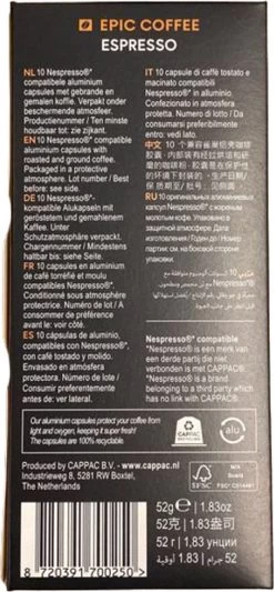 100 Capsules Epic Coffee - Espresso - Nespresso® Compatible Aluminium Capsules - RFA Keurmerk - Doos 100 Stuks 13 100 Capsules Epic Coffee - Espresso - Nespresso® Compatible Aluminium Capsules - RFA Keurmerk - Doos 100 Stuks -Voedsel Winkel 556x1200