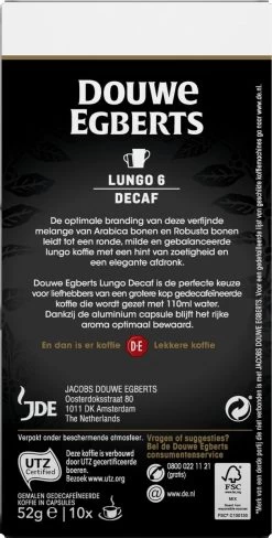 Douwe Egberts Lungo Decaf Koffiecups - Intensiteit 6/12 - 10 X 10 Capsules -Voedsel Winkel 607x1200