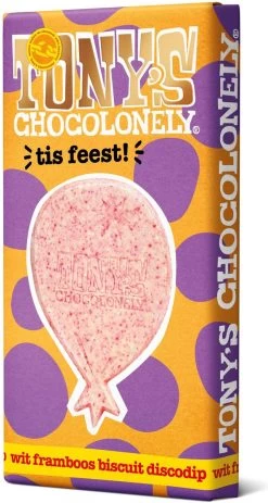 Tony's Chocolonely Witte Chocolade Framboos Biscuit Discodip Chocoladereep - Gefeliciteerd T Is Feest! - Chocolade Cadeau Verjaardag - Belgische Fairtrade Chocolade - 1 X 180 Gram -Voedsel Winkel 640x1200 1